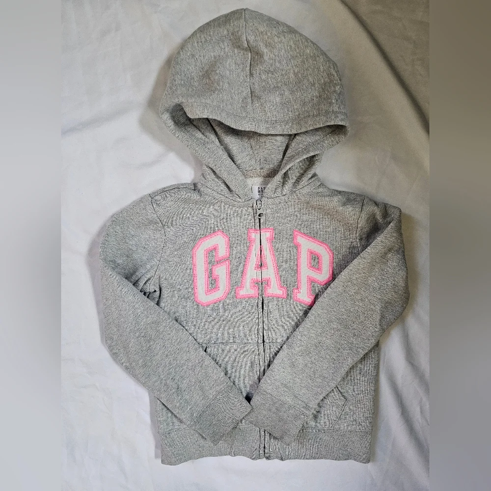 Gap Kids' Gray Zip Hoodie with Pink Logo- Medium